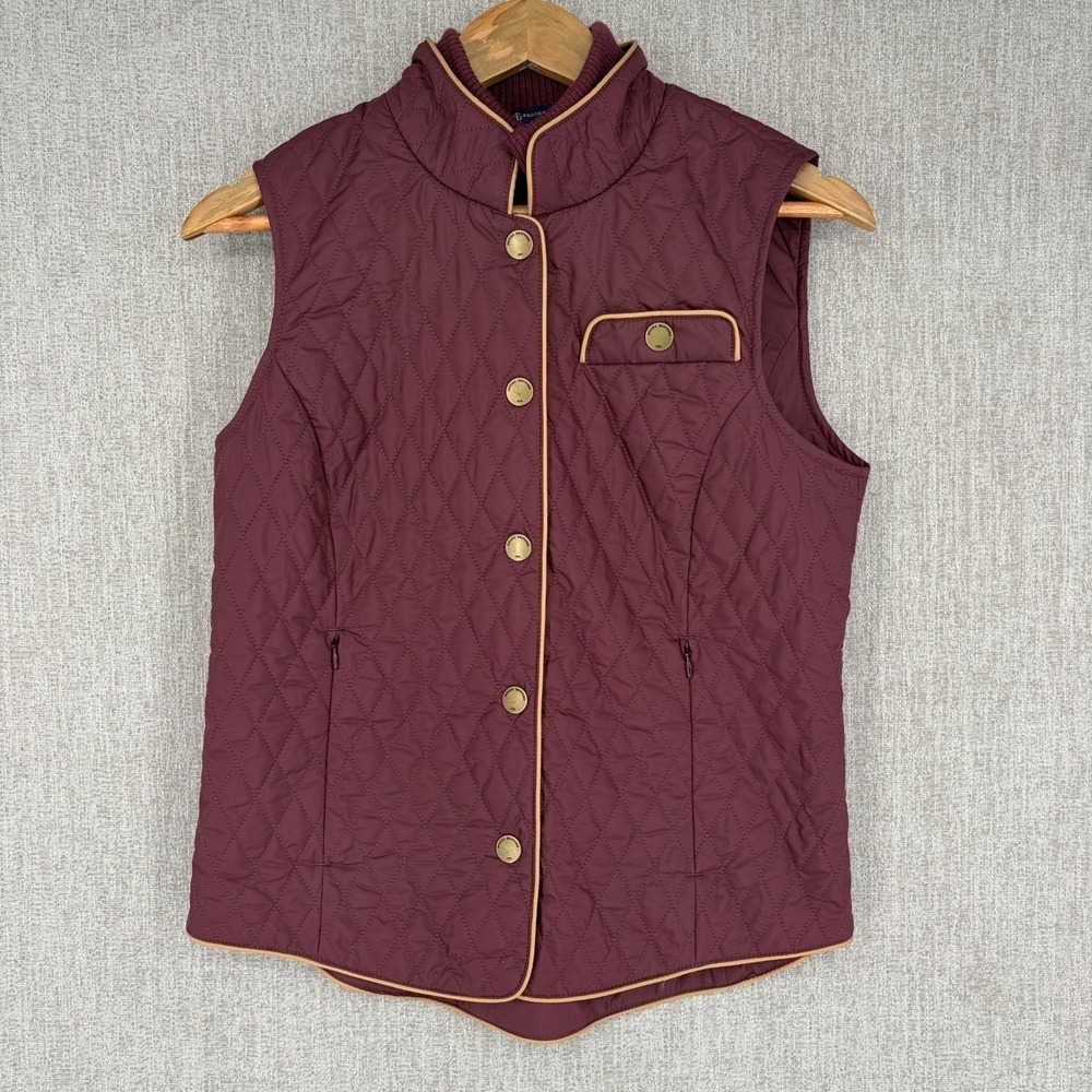 Brooks Brothers Thermore Quilted Vest Small Burgundy Tan Trim Snap Front